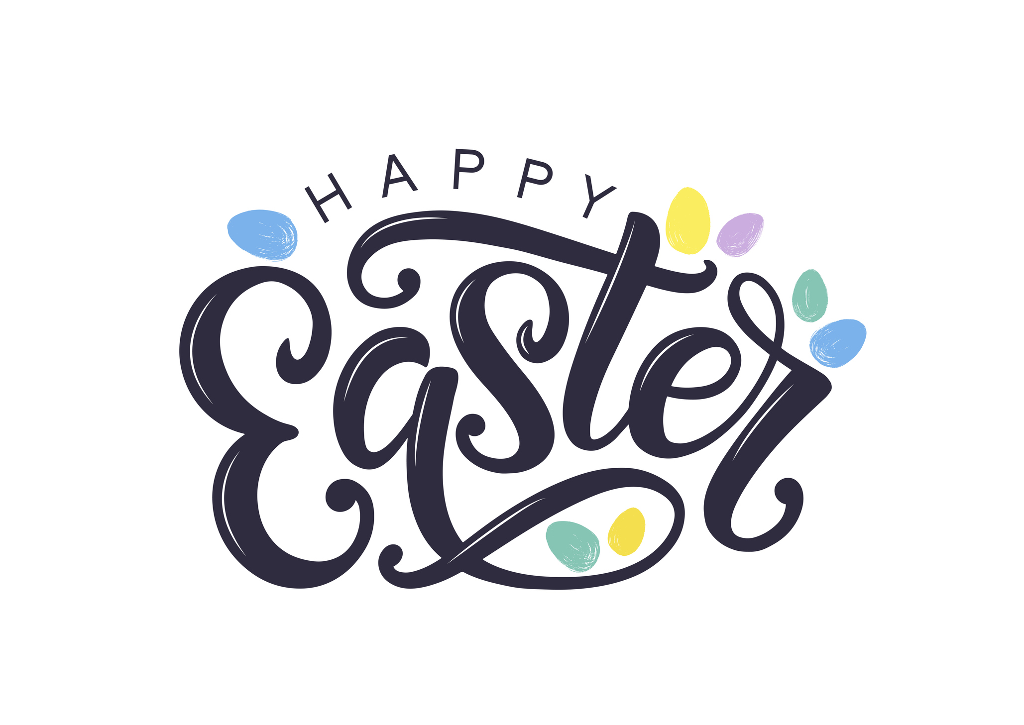 Easter logo decorated by brush drawn easter eggs. Egg hunt concept as card, postcard, poster, banner, sale or promo sign.